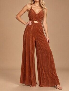ACOA Rust Pleated Cutout Wide Leg Jumpsuit Size L